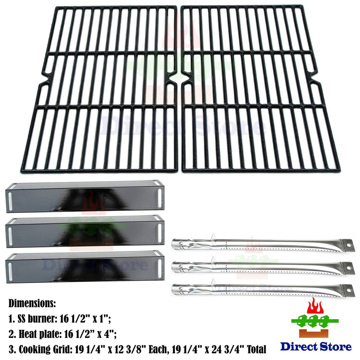 BBQ grill cooking grates, black heat plates, and three metal flavorizer bars