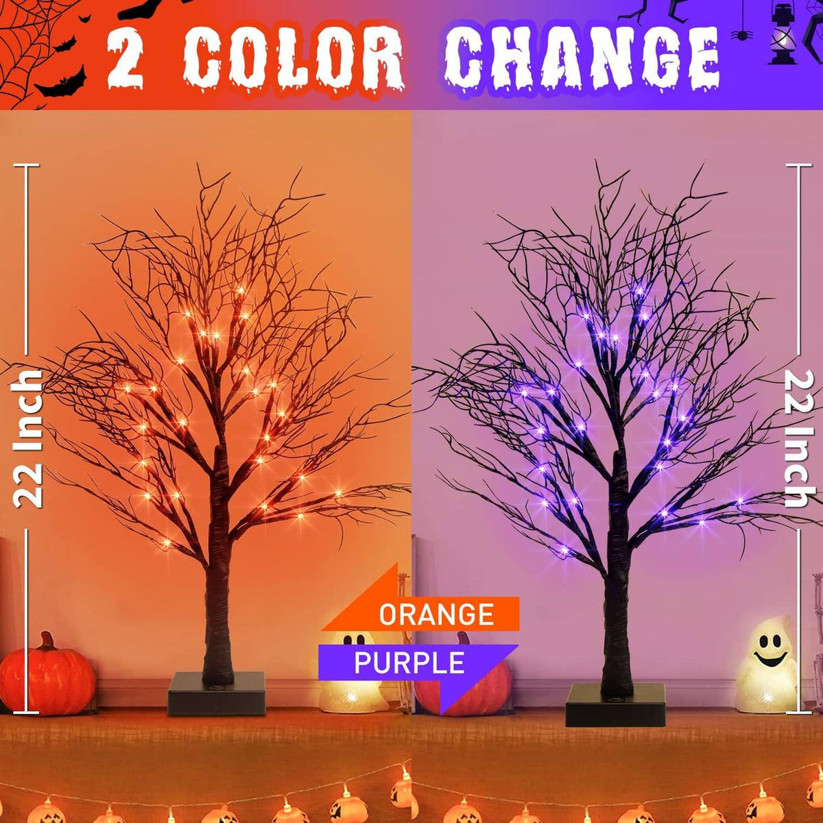 Two-size Halloween LED light trees, black branches with orange and purple lights