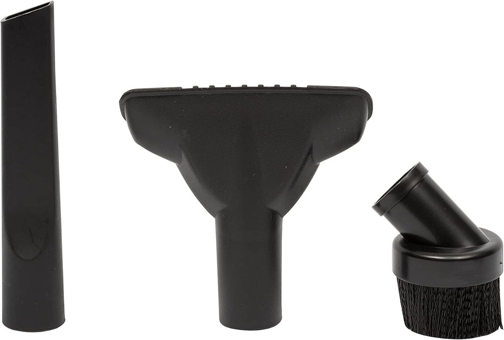 3-piece vacuum cleaning kit with black utility nozzle, round brush, and crevice tool.