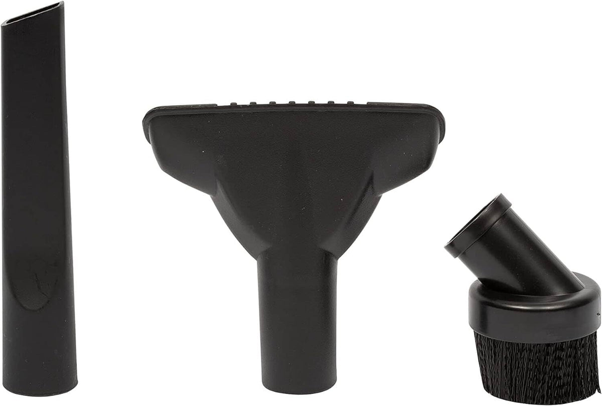 3-piece vacuum cleaning kit with black utility nozzle, round brush, and crevice tool.