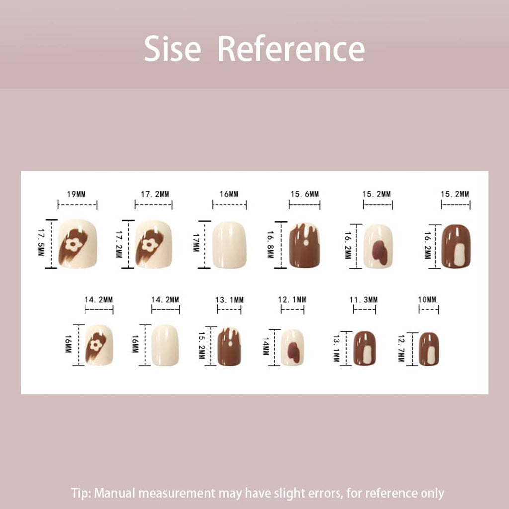 Nail size reference chart showing short press-on nail tip measurements and styles