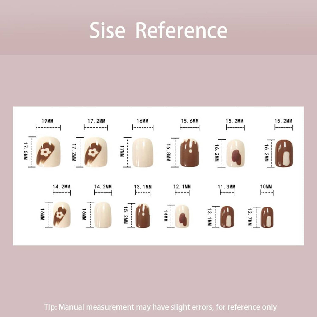 Nail size reference chart showing short press-on nail tip measurements and styles