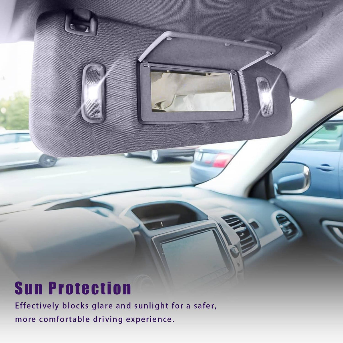 Grey right-side sun visor with vanity mirror, LED light bars, and mounting hardware
