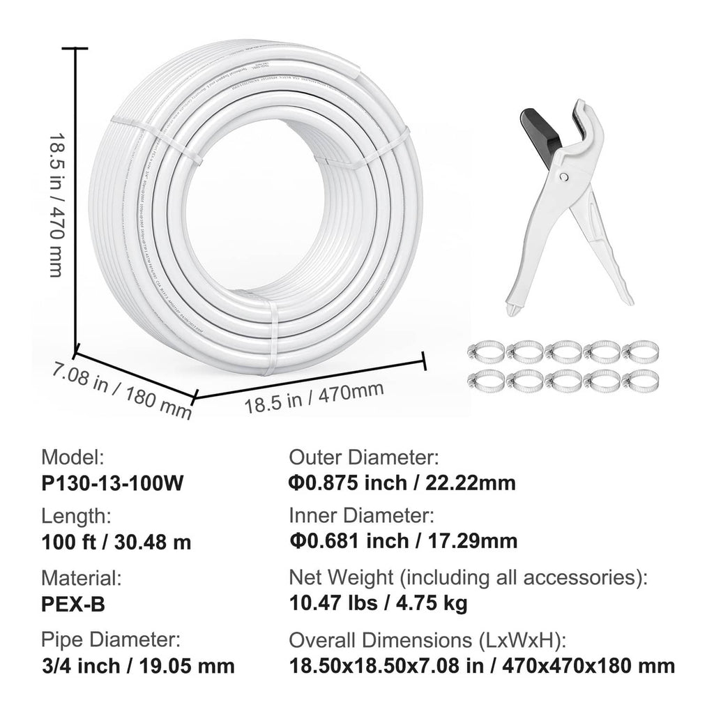 White PEX-B tubing roll with pipe cutter and multiple metal clamp rings