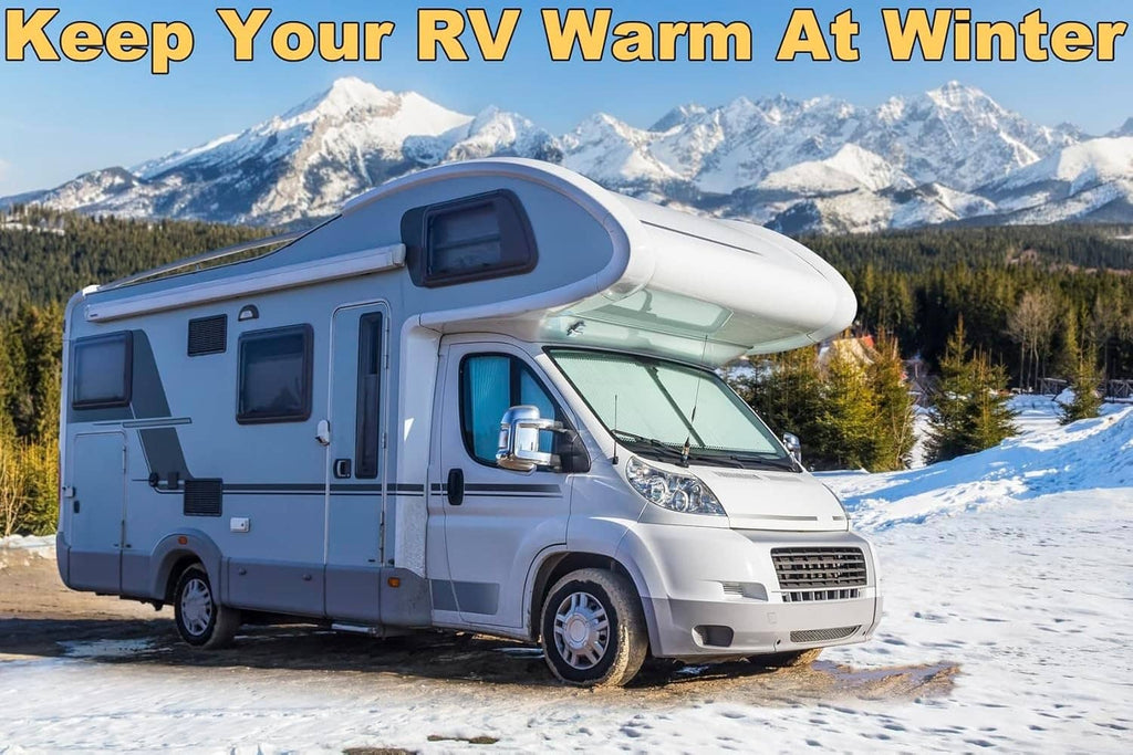 Recreational vehicle on snowy road in winter landscape