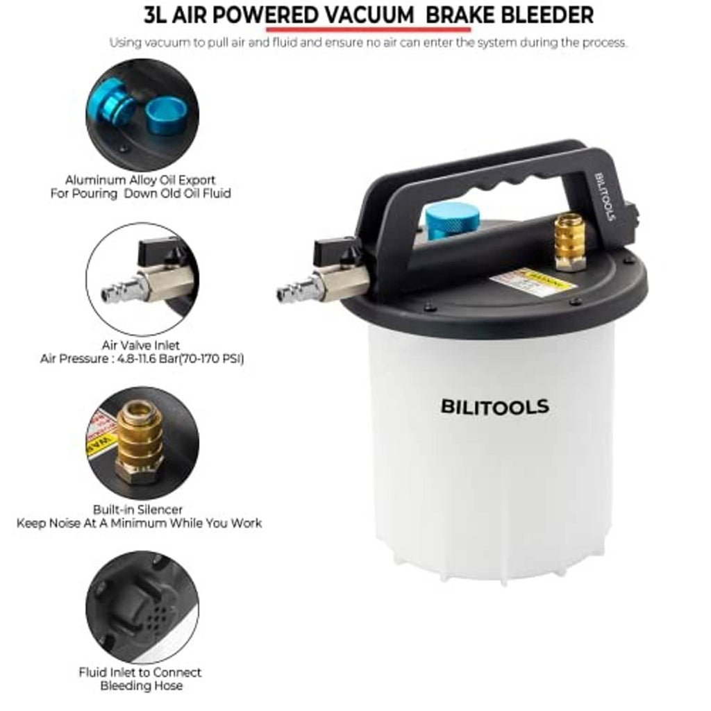 Air-powered vacuum brake bleeder with 3L canister and blue air valve connector