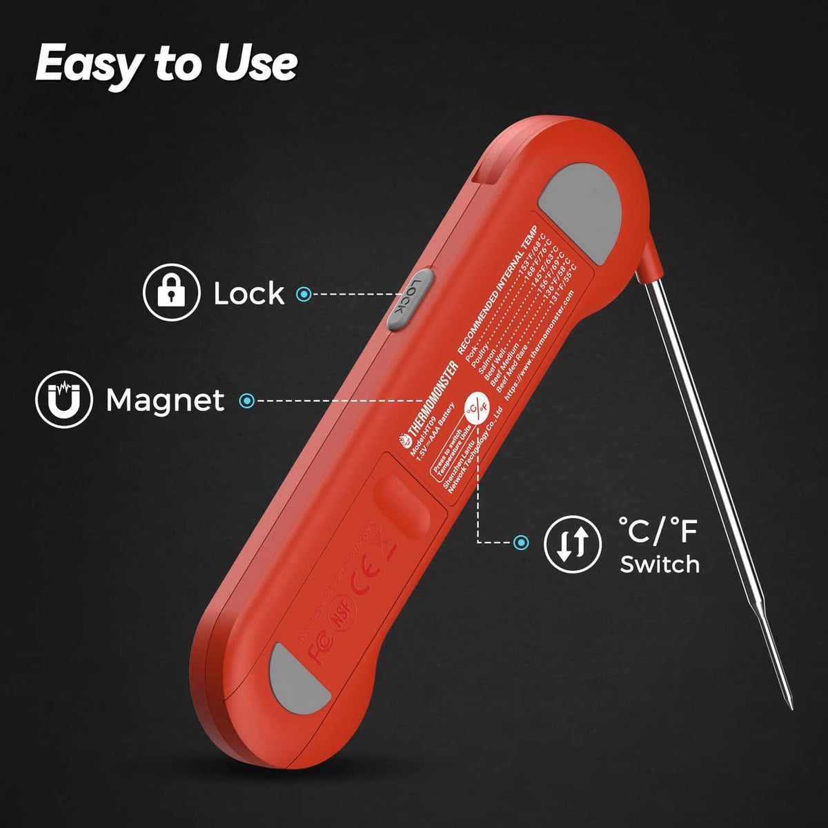 Red instant-read meat thermometer with buttons, probe, and °C/°F switch
