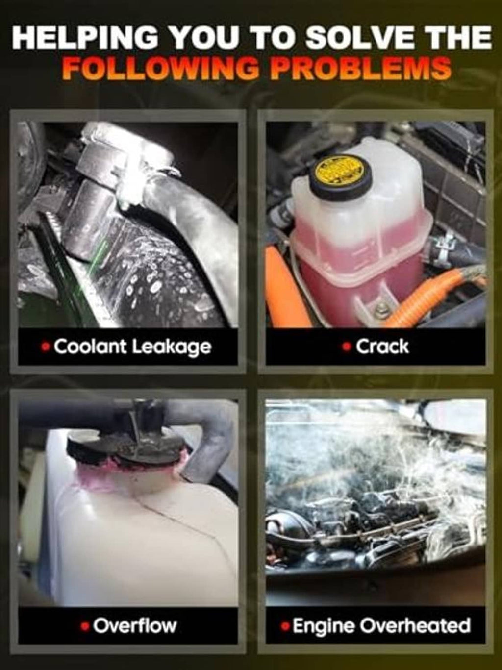 Coolant reservoir tank near engine bay, showing leakage and overheating context