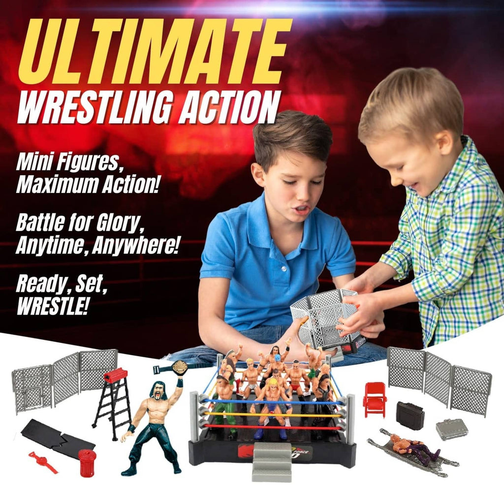Children playing with a mini wrestling action set with ring, figures, and weapons
