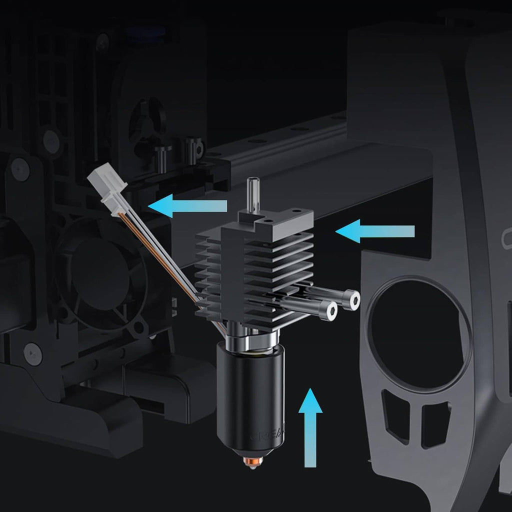 Ceramic hotend kit assembly with black finned heatsink and nozzle feed path