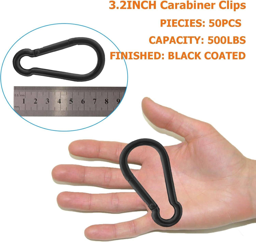 Black 3.2-inch carabiner clip with spring gate held in hand