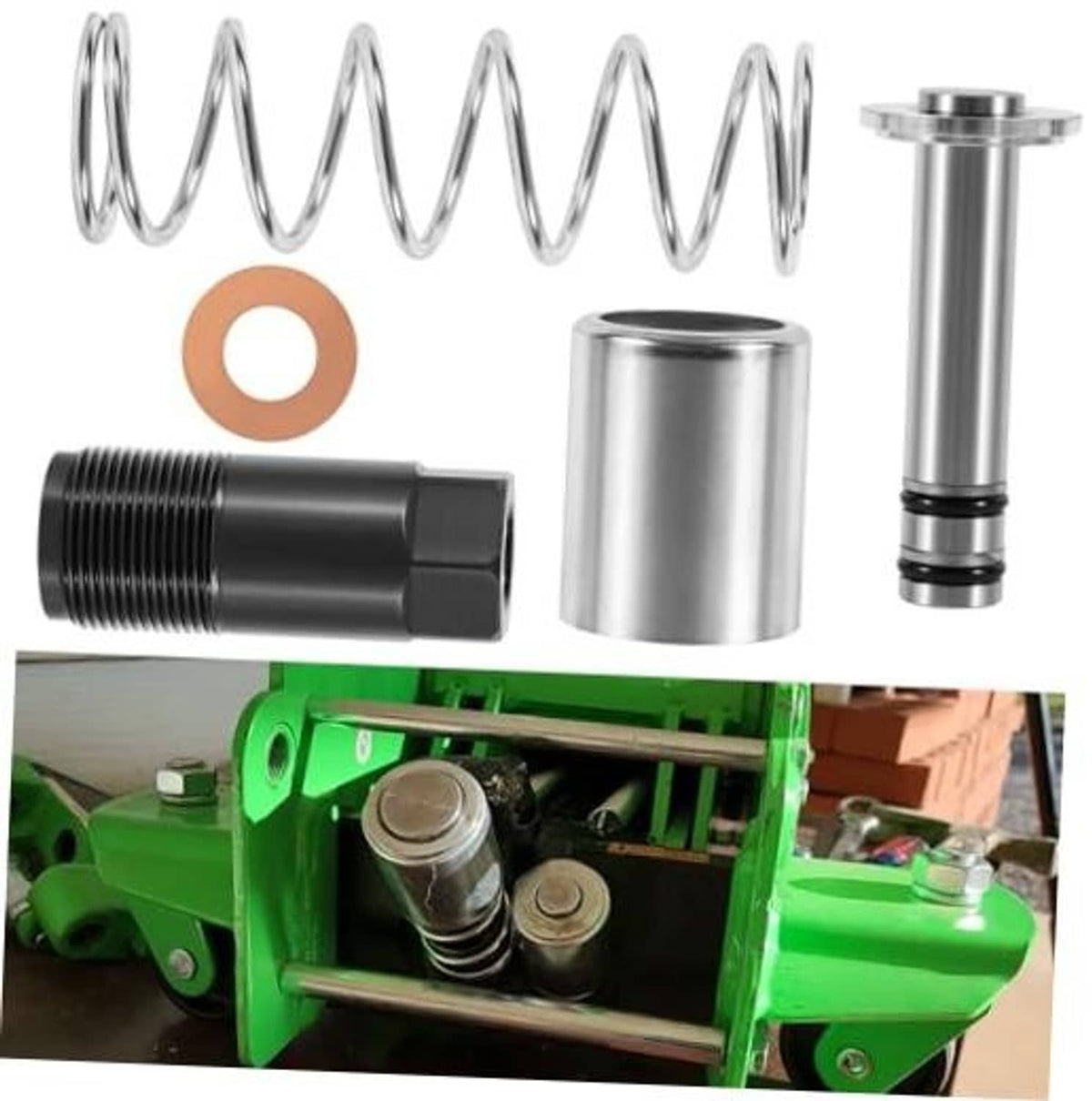 Floor jack pump piston replacement kit: spring, black threaded body, cylinder, seal washer