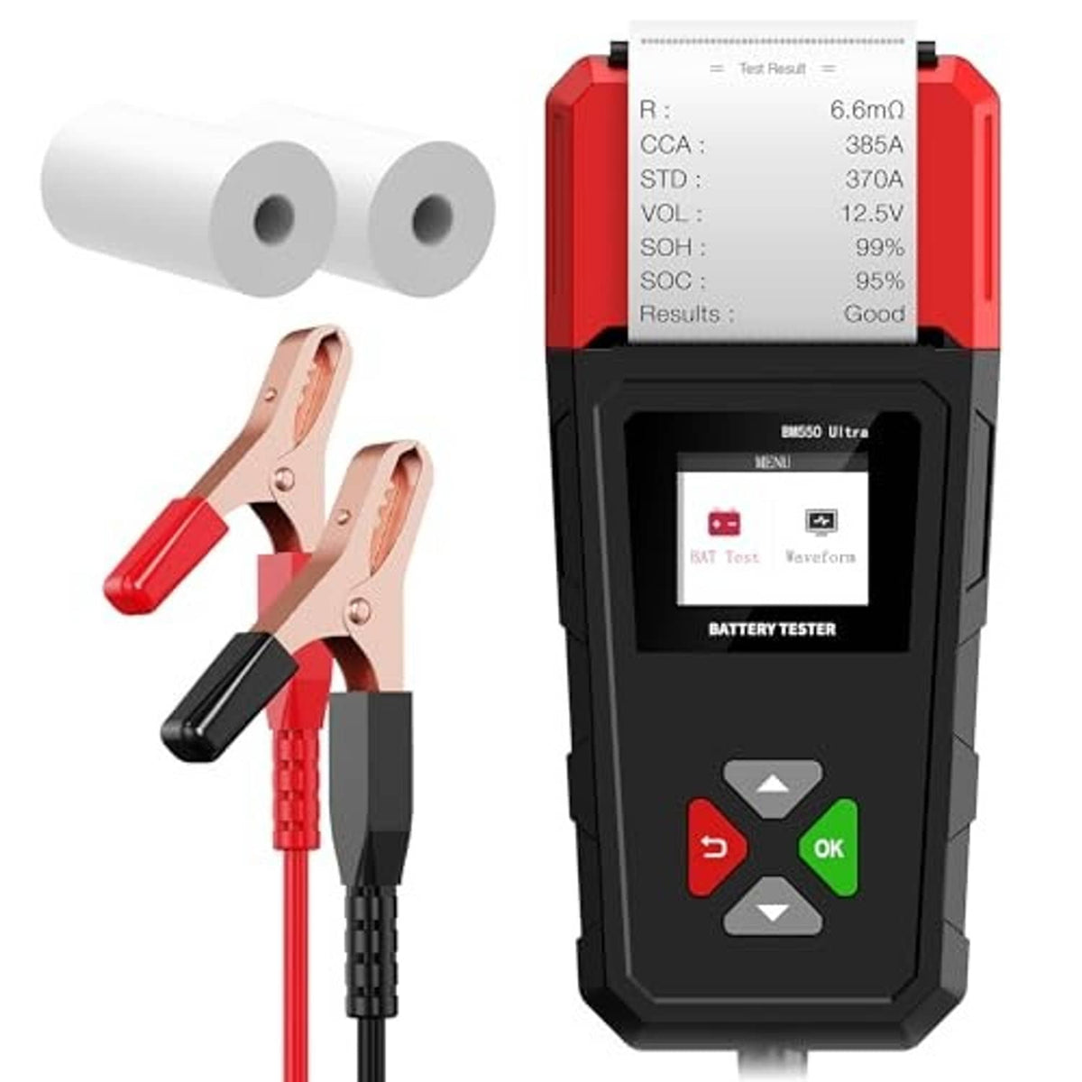 Car battery tester with red and black alligator clips, color screen and control buttons