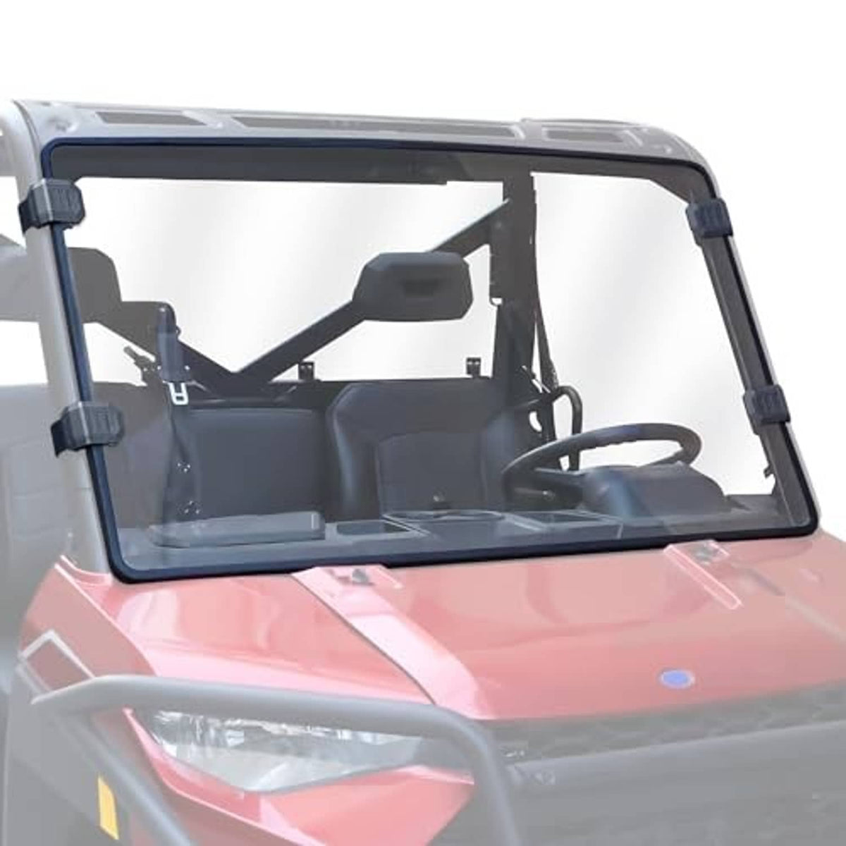 Full UTV front windshield with dark brackets and clear panel, mounted on vehicle