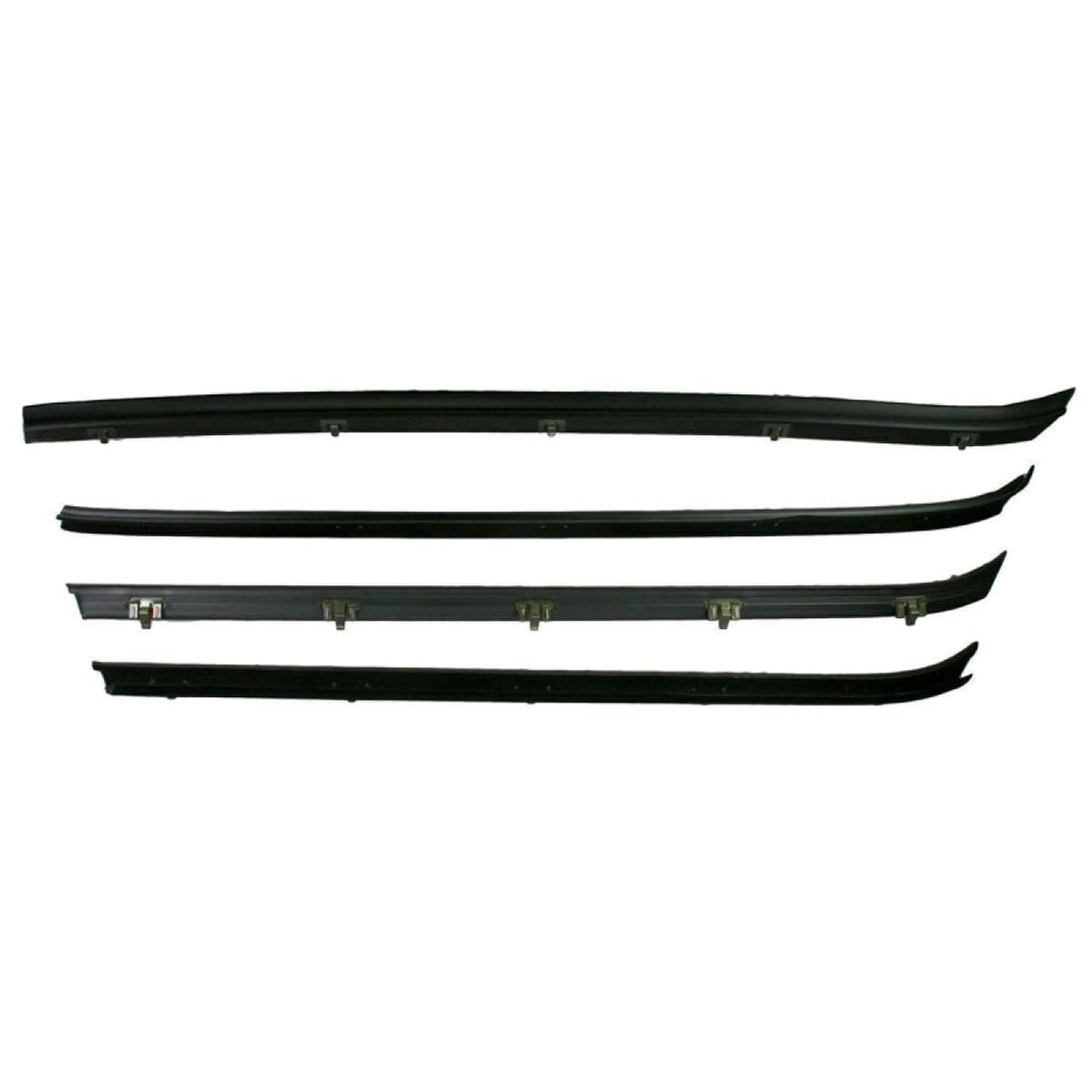 Multiple black window run channel seals with felt edge and clip-on mounting tabs