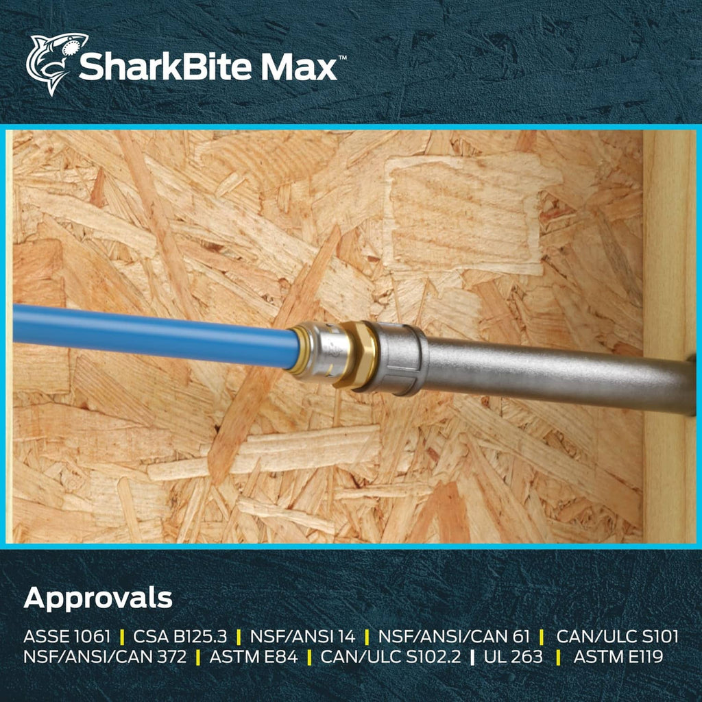 Brass SharkBite Max adapter coupling two pipes, with MNPT connection visible