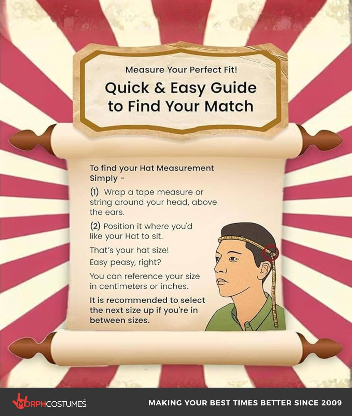 Hat measurement guide card with illustrated head profile and measuring instructions.