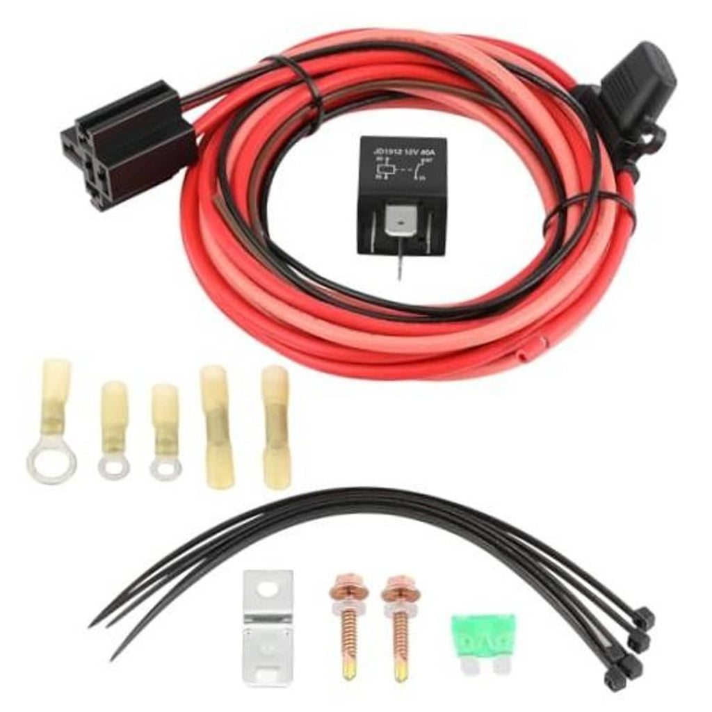 Electric fuel pump relay wiring harness kit with red and black wires, fuse box and relay