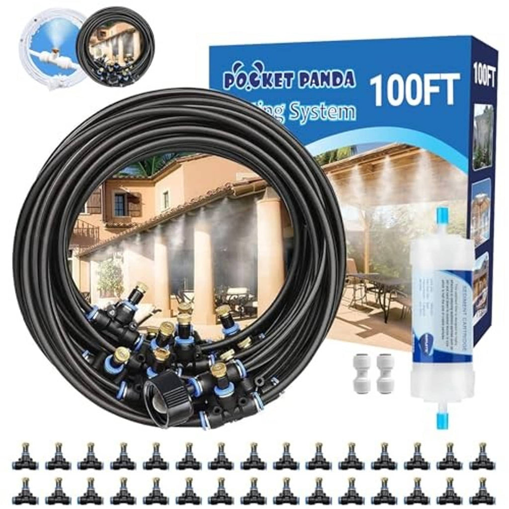 100FT outdoor misting hose system kit with coiled hose, nozzle set, and filter cartridges