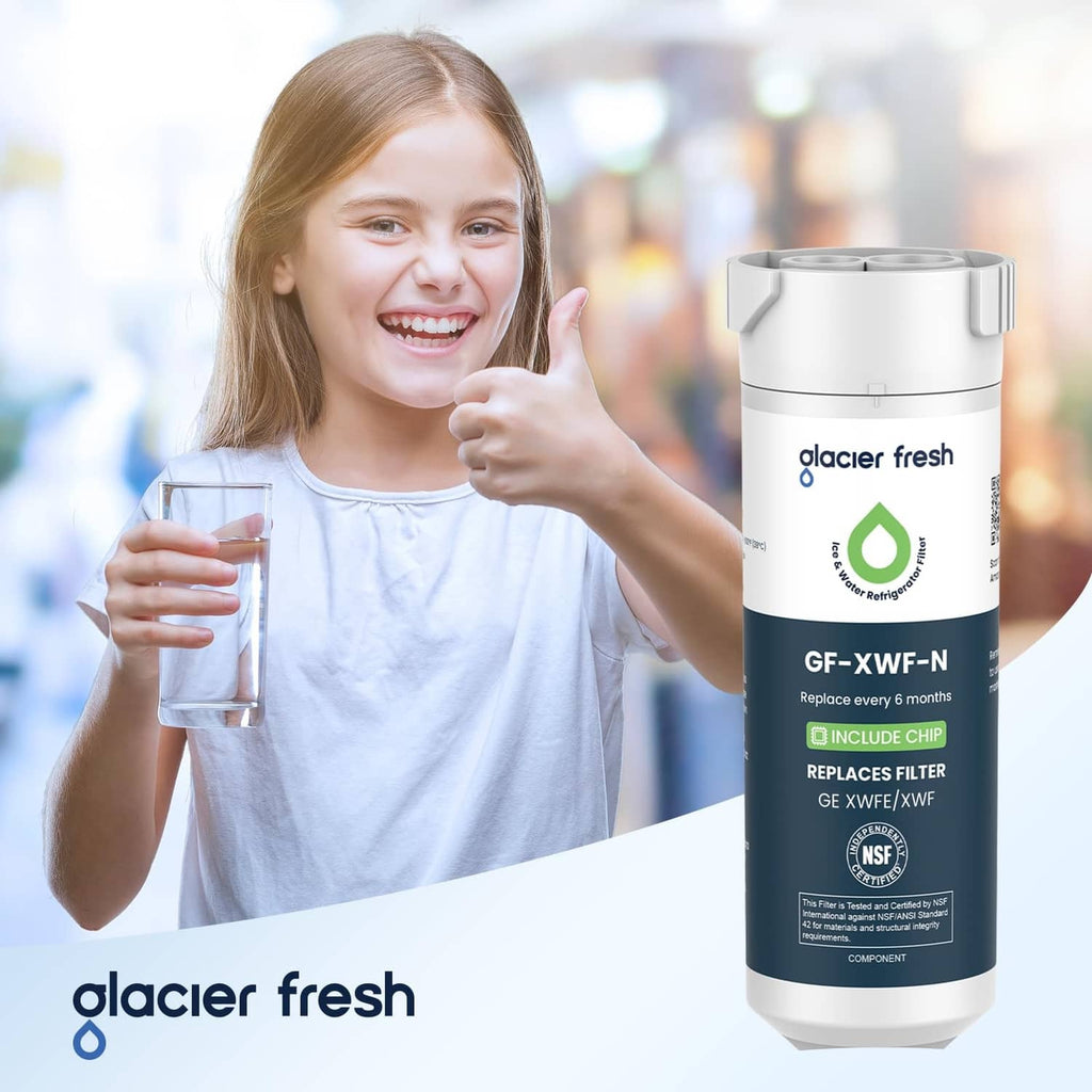White refrigerator water filter cartridge beside child holding a glass of water