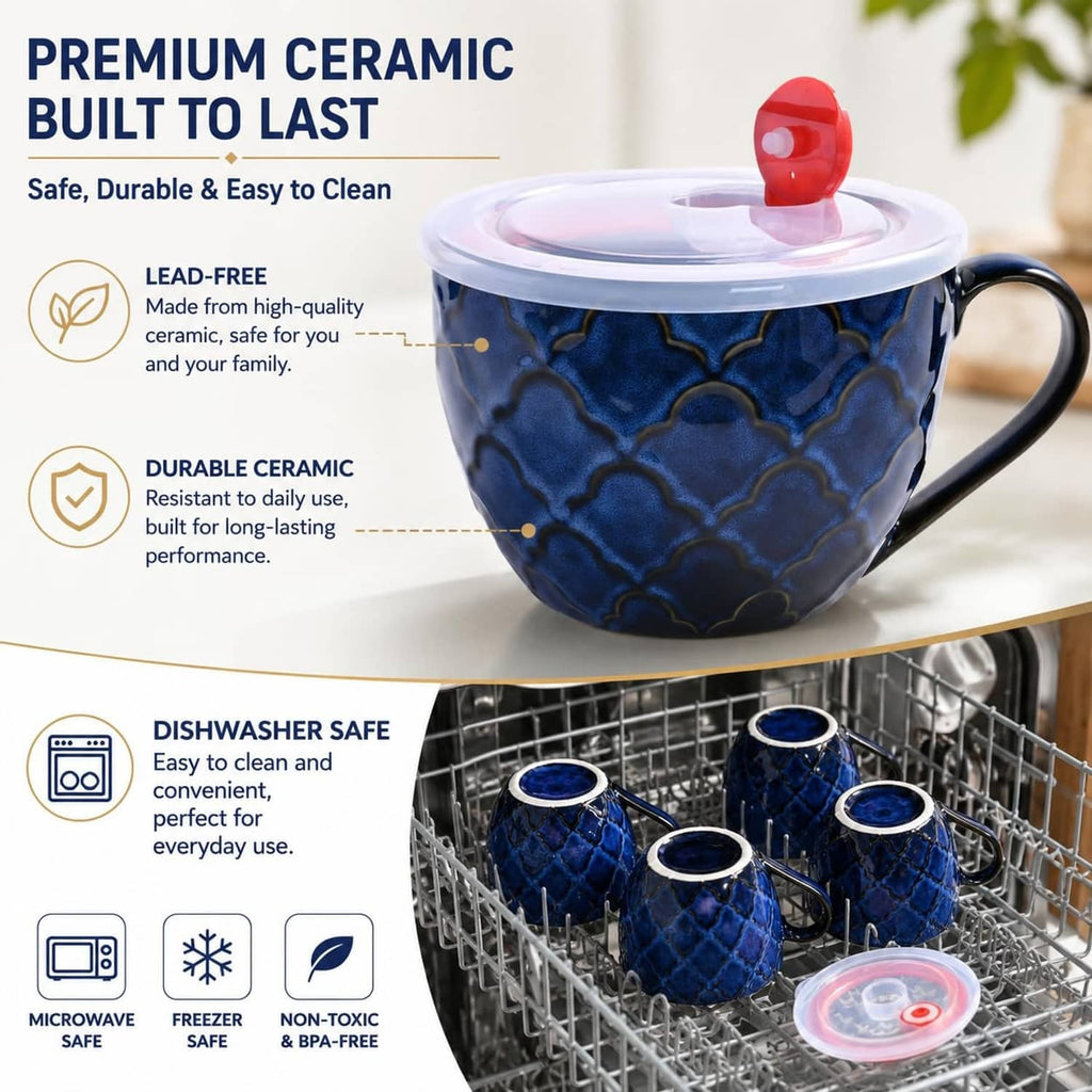 Blue ceramic soup mug with lid and curved handle, glossy textured pattern.