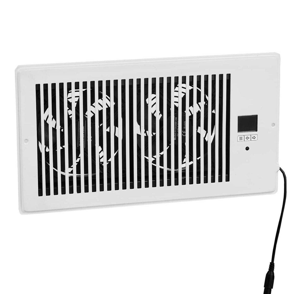 White register booster fan front view with vent grille and attached power cord