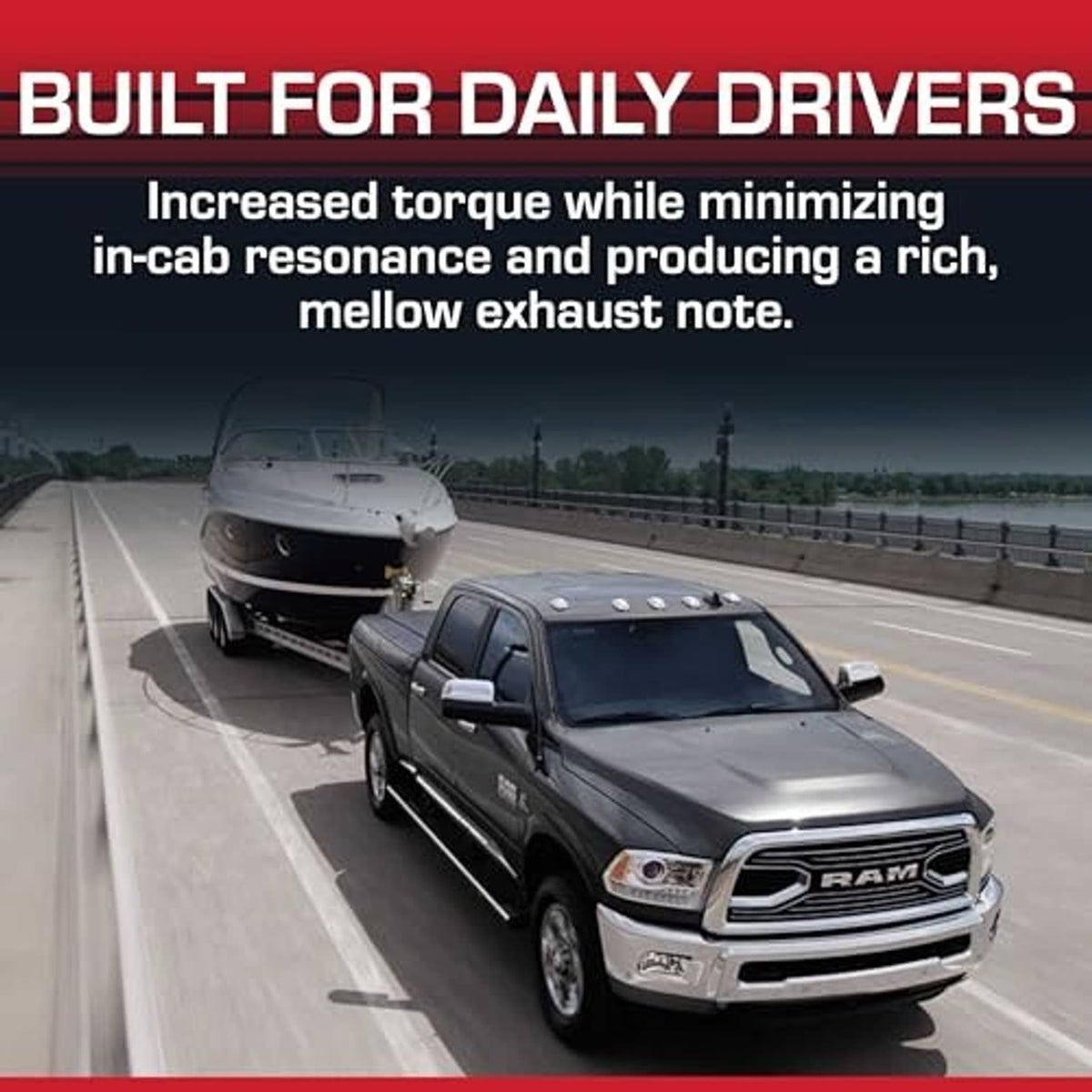 Black pickup truck on highway with towing and exhaust performance promotional graphic