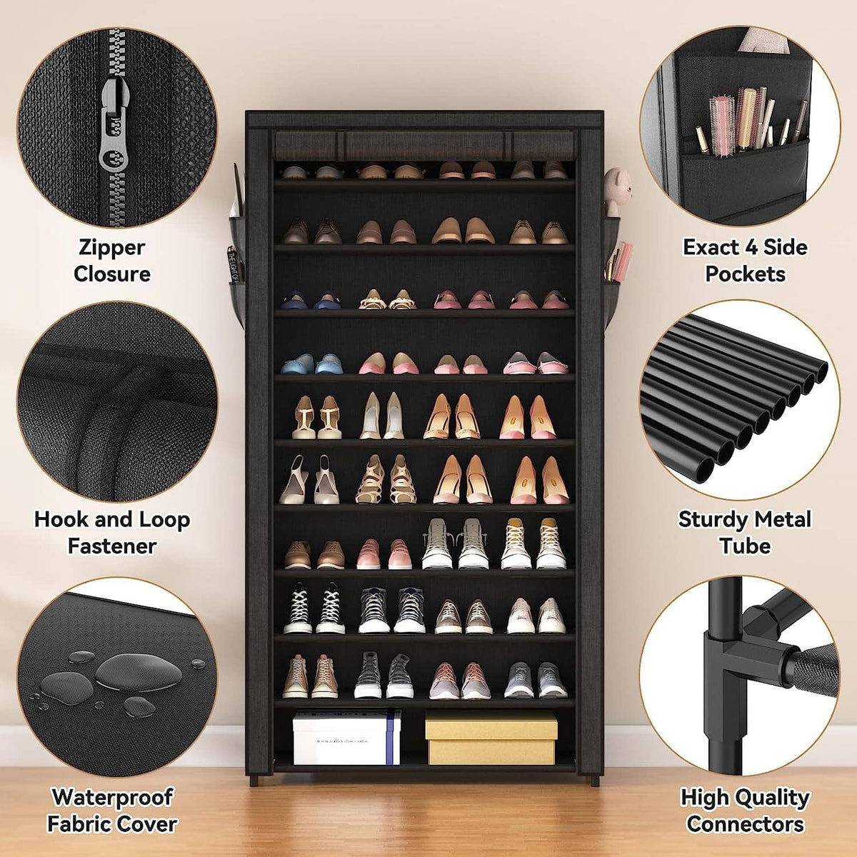 Black shoe cabinet with zip closure, side pockets, sturdy metal tube frame, fabric cover