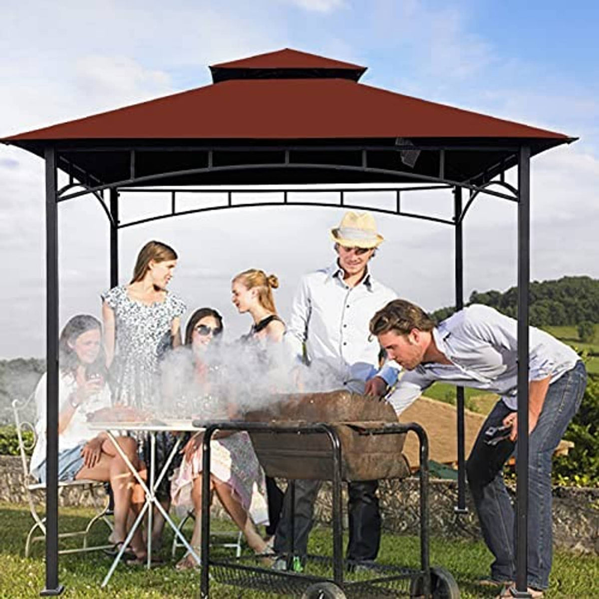 Burgundy replacement gazebo canopy roof on black steel shelter frame