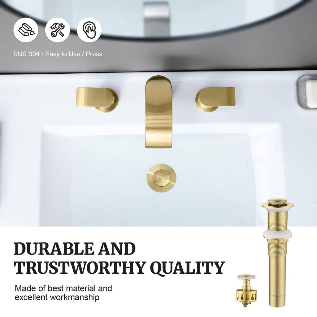 Brushed gold pop-up sink drain stopper installed in a vessel basin with push button
