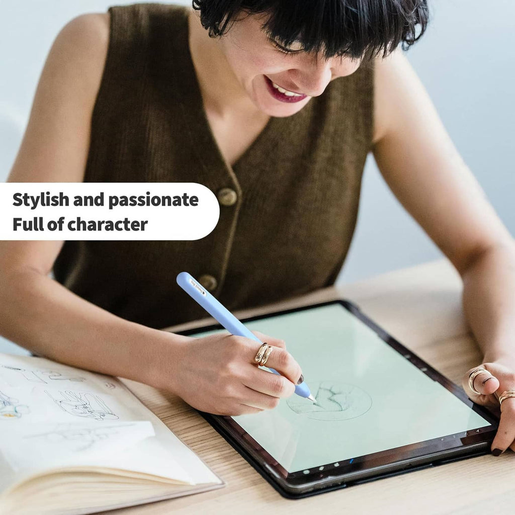 Blue protective silicone stylus cover in hand writing on a tablet