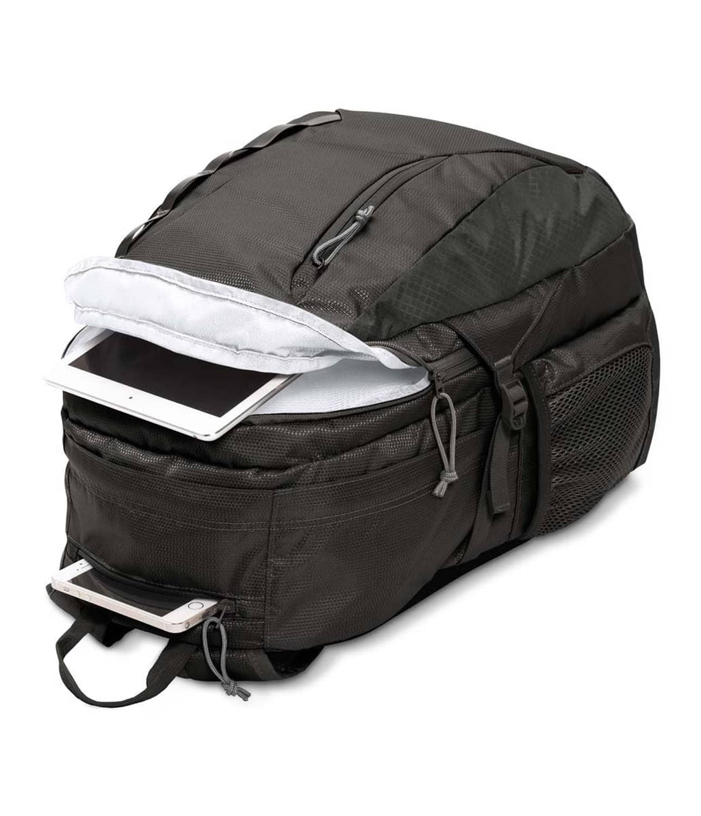JanSport black daypack backpack with side mesh pocket and zippered top compartment