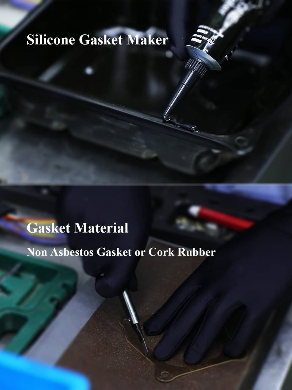 Non-asbestos black gasket sheet with RTV sealant tube and work gloves