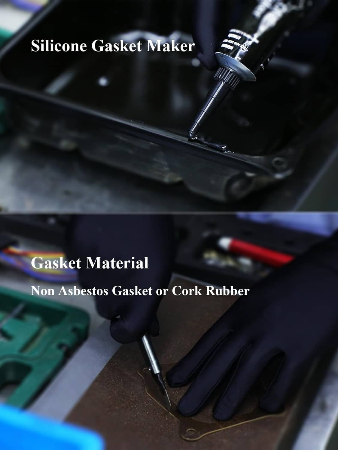 Non-asbestos black gasket sheet with RTV sealant tube and work gloves