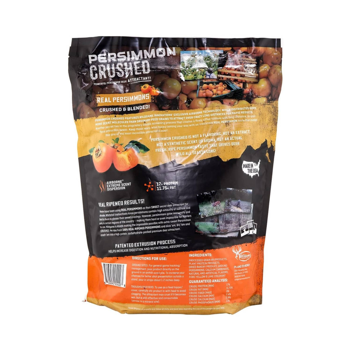 Crushed persimmon deer attractant bag back panel with product information and persimmon imagery