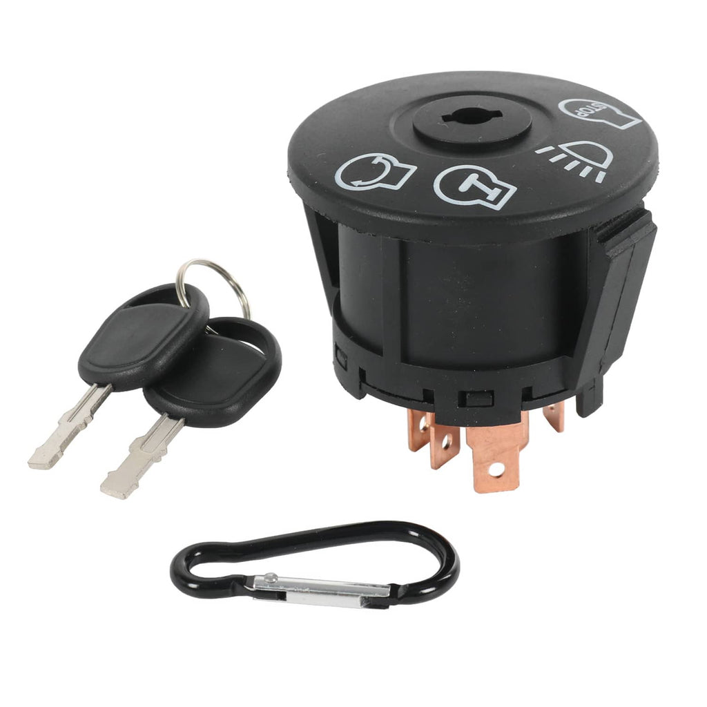 Ignition starter switch with black round housing, keys, and electrical terminals