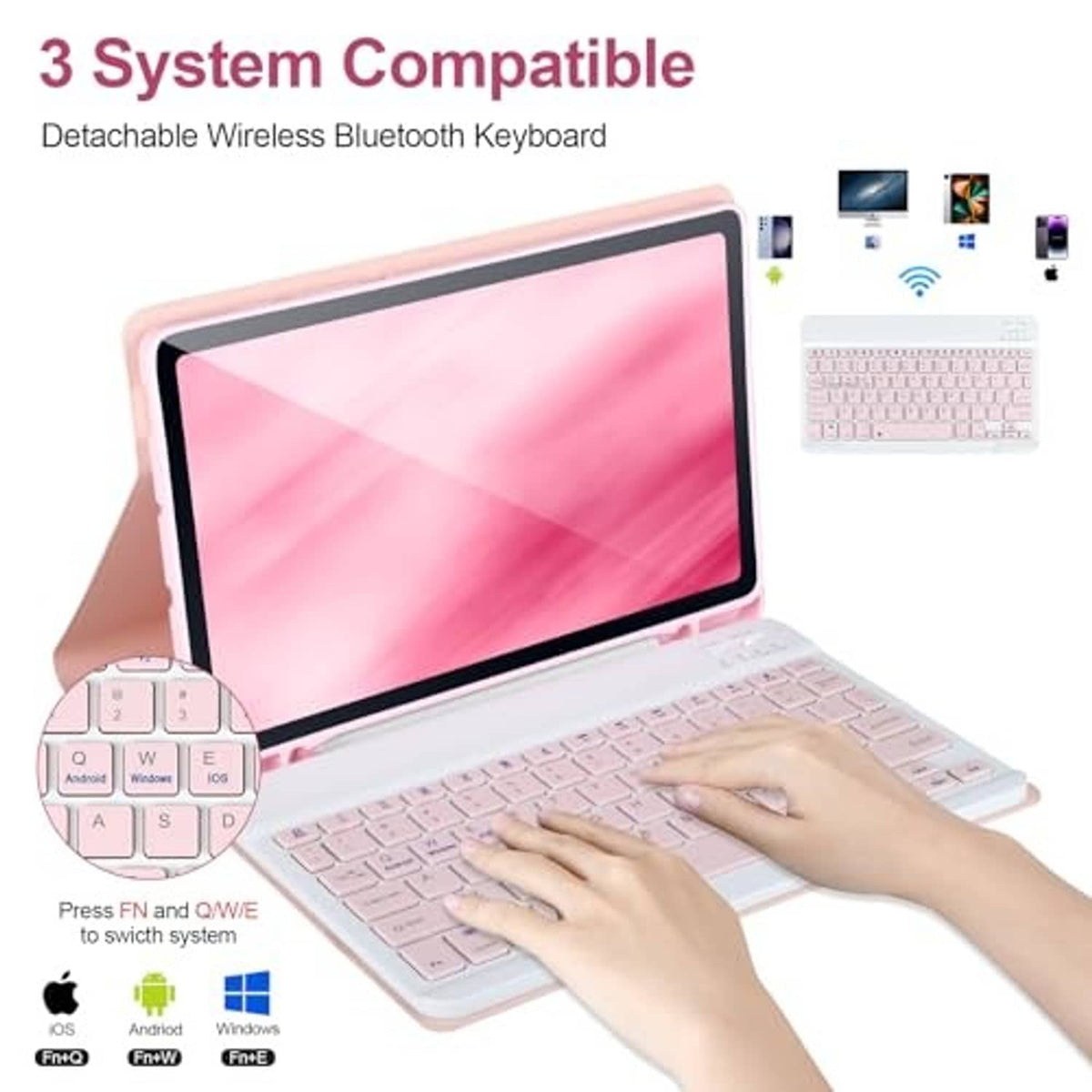 Pink tablet keyboard case with detachable wireless Bluetooth keyboard and hand use
