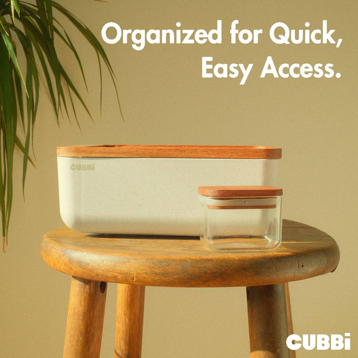 Airtight storage box on tabletop with wooden lid and small clear glass jar with lid.