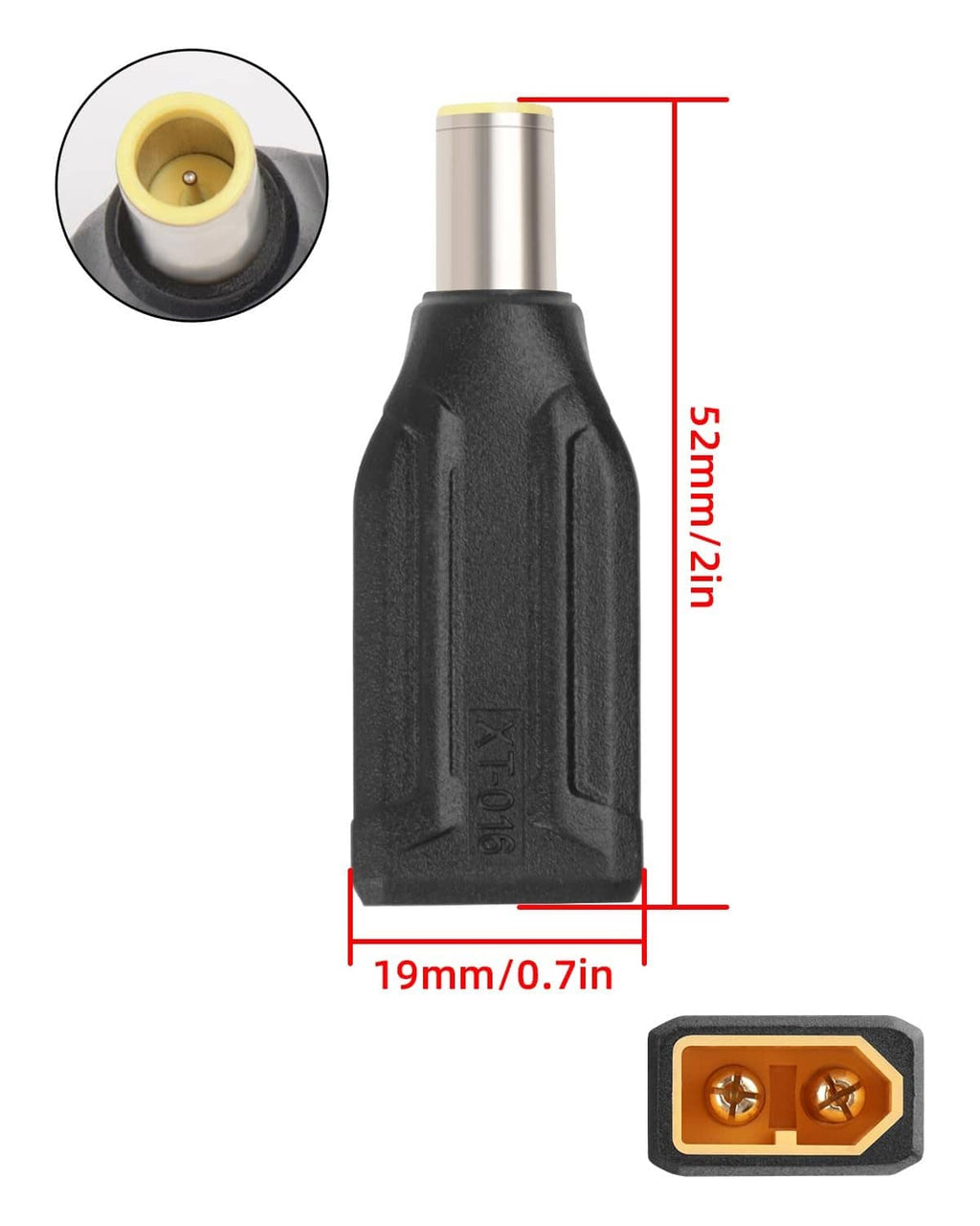 Black DC7909 plug with gold center contact and two-pin insert, close-up