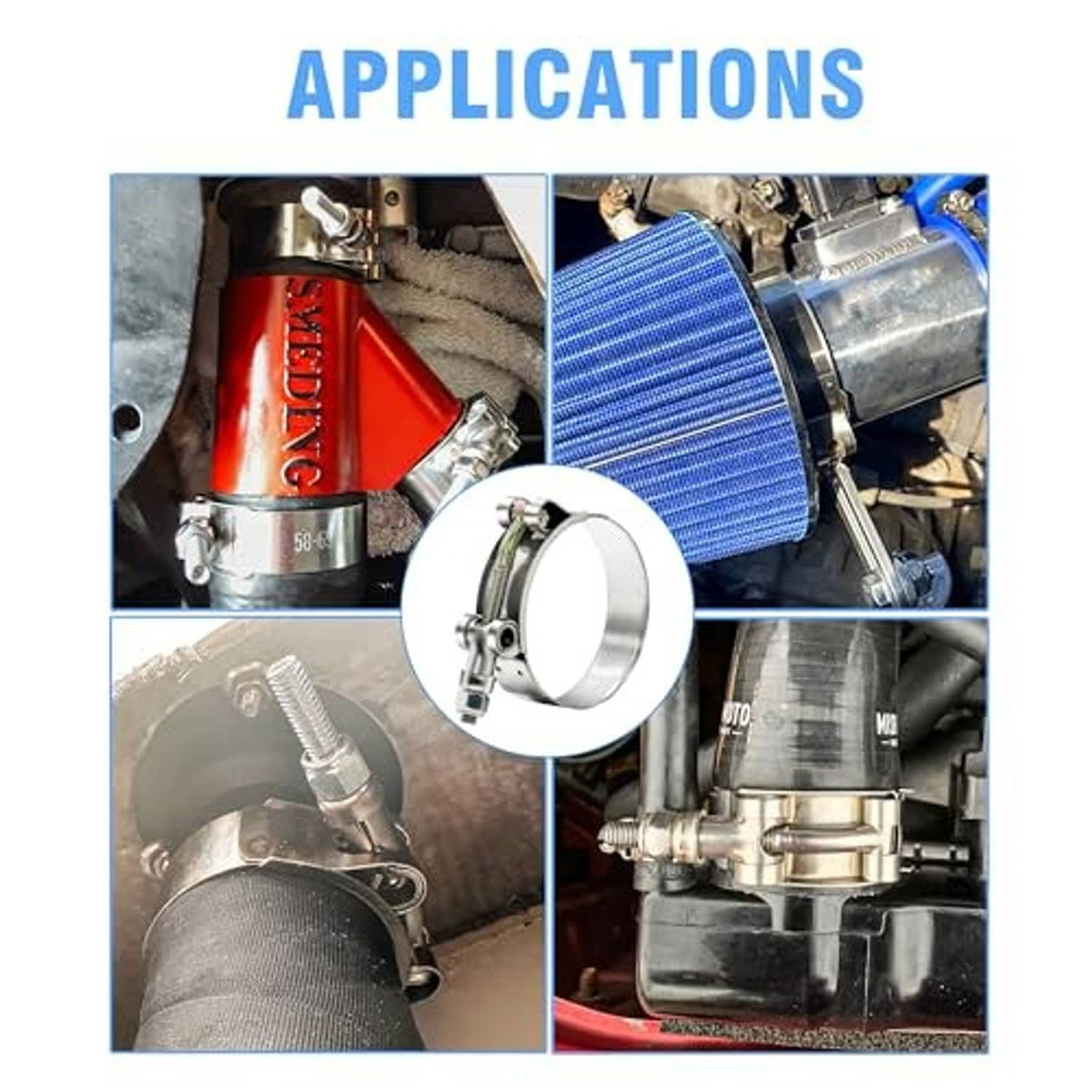 T-bolt hose clamp applications shown on vehicle hoses and air intake connections
