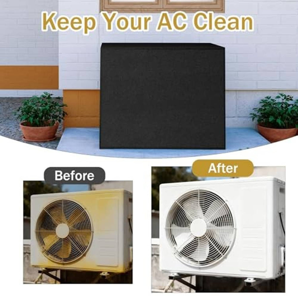 Black outdoor AC cover protecting a window air conditioner unit; full wrap fit.