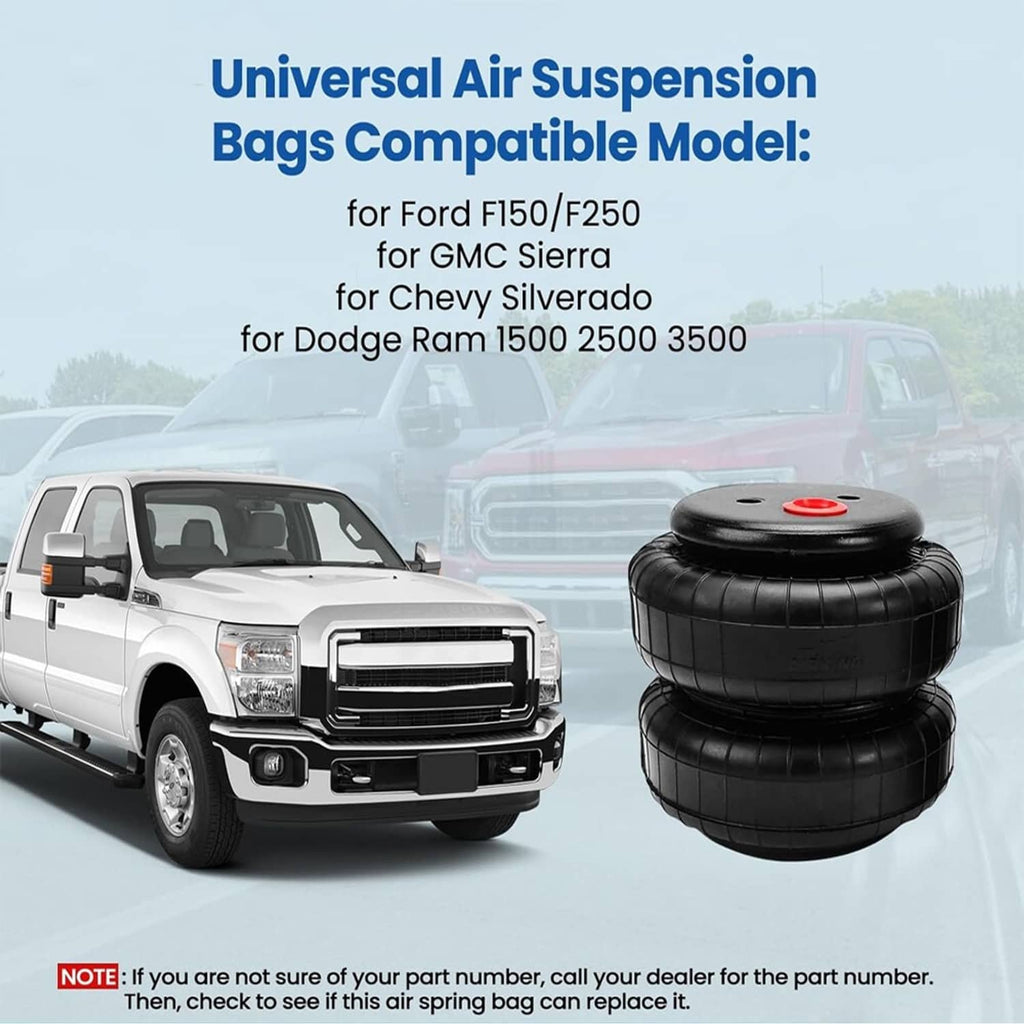 Black air suspension bags with red valve caps, shown with compatibility lineup graphic