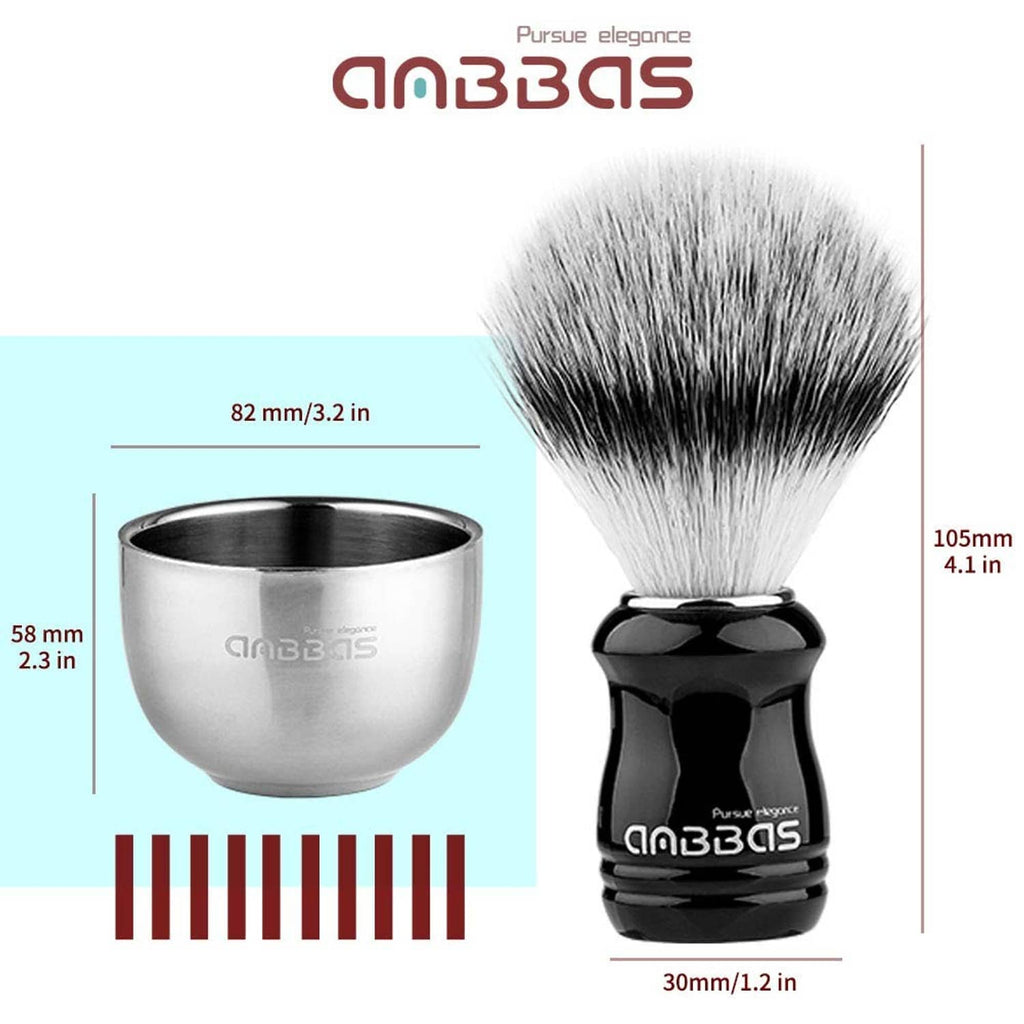 Synthetic shaving brush with black handle and silver bristles beside size measurements