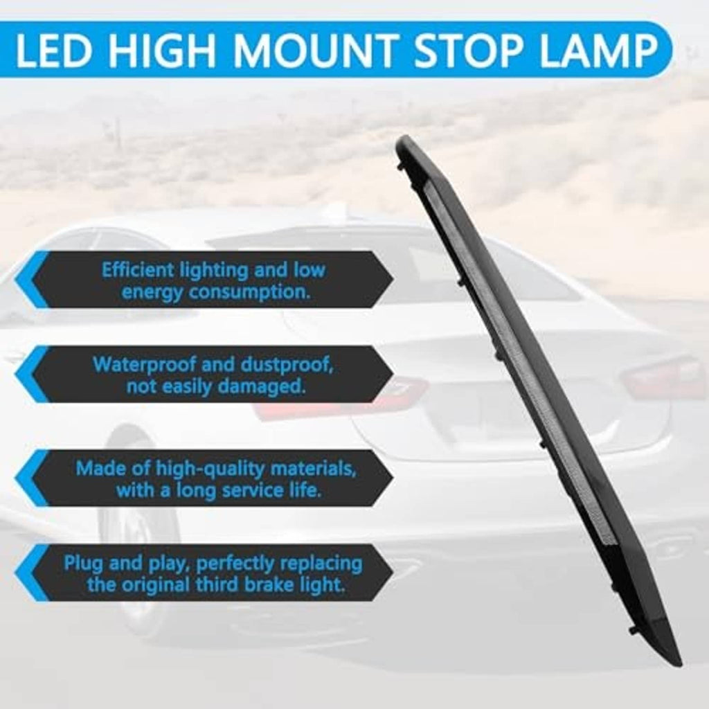 Slim black LED high mount stop lamp with angled housing and ribbed lens strip