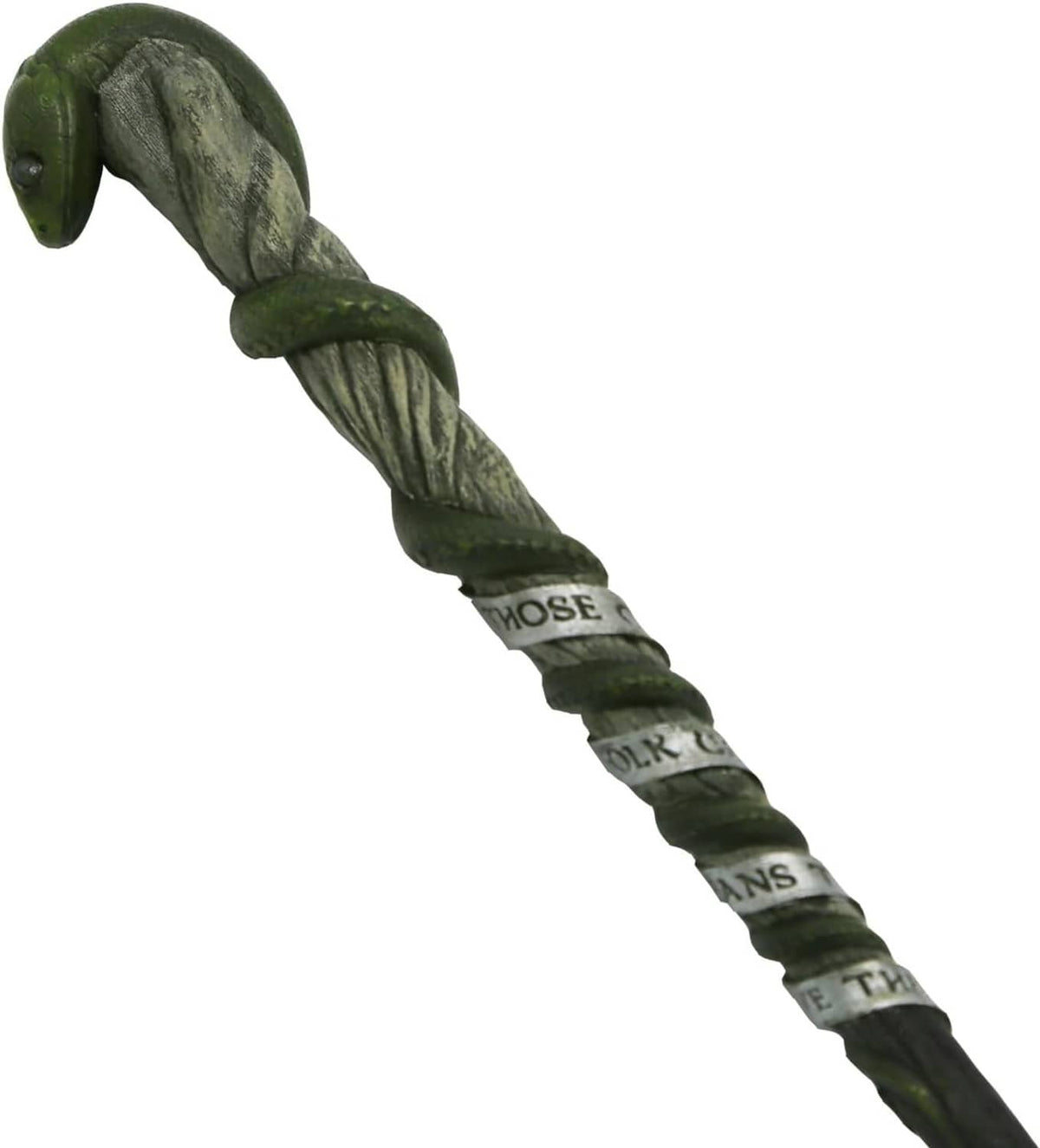 Green serpent-themed wand with coiled handle and worn engraved band near tip