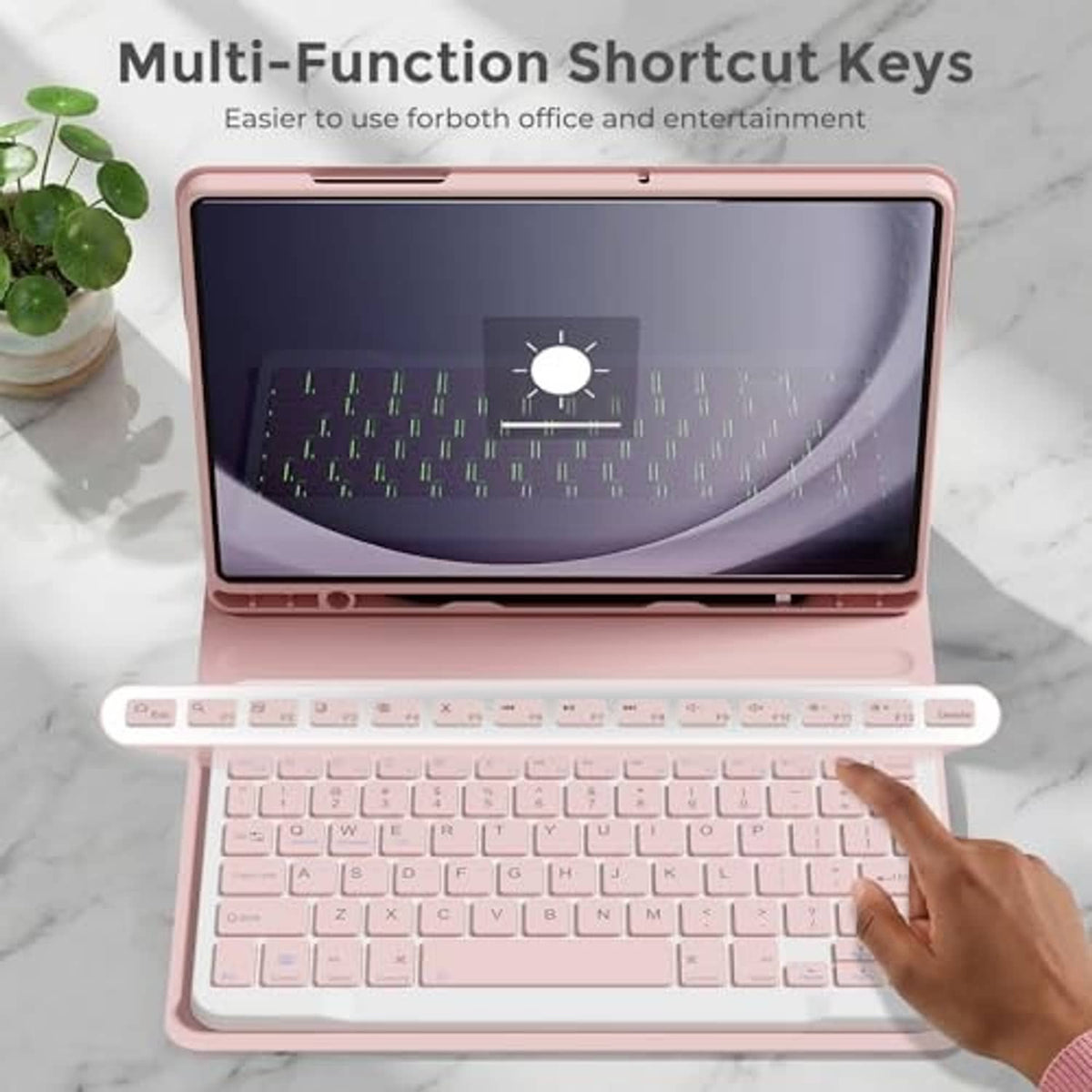 Pink tablet keyboard case with visible shortcut keys and multi-function controls