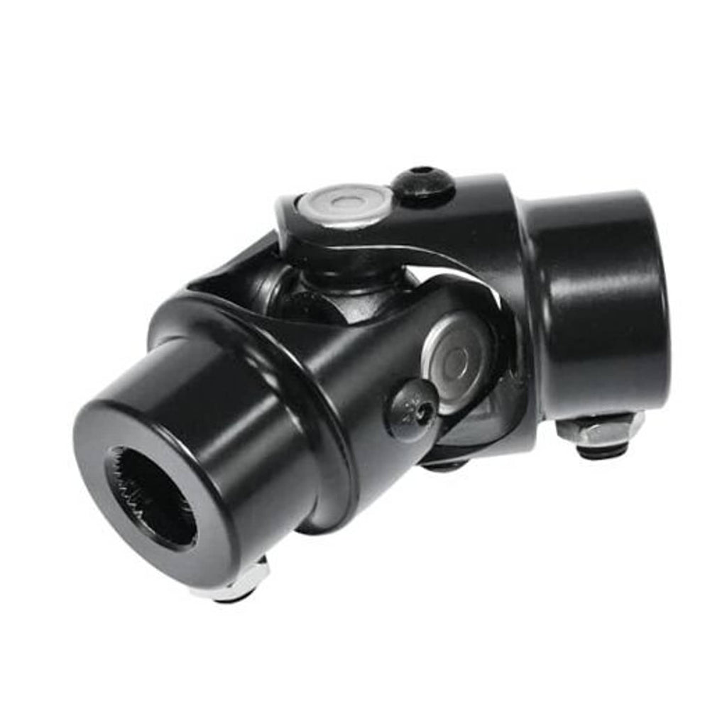 Black steering universal joint with open yoke ends, spline and 3/4-inch DD shaft