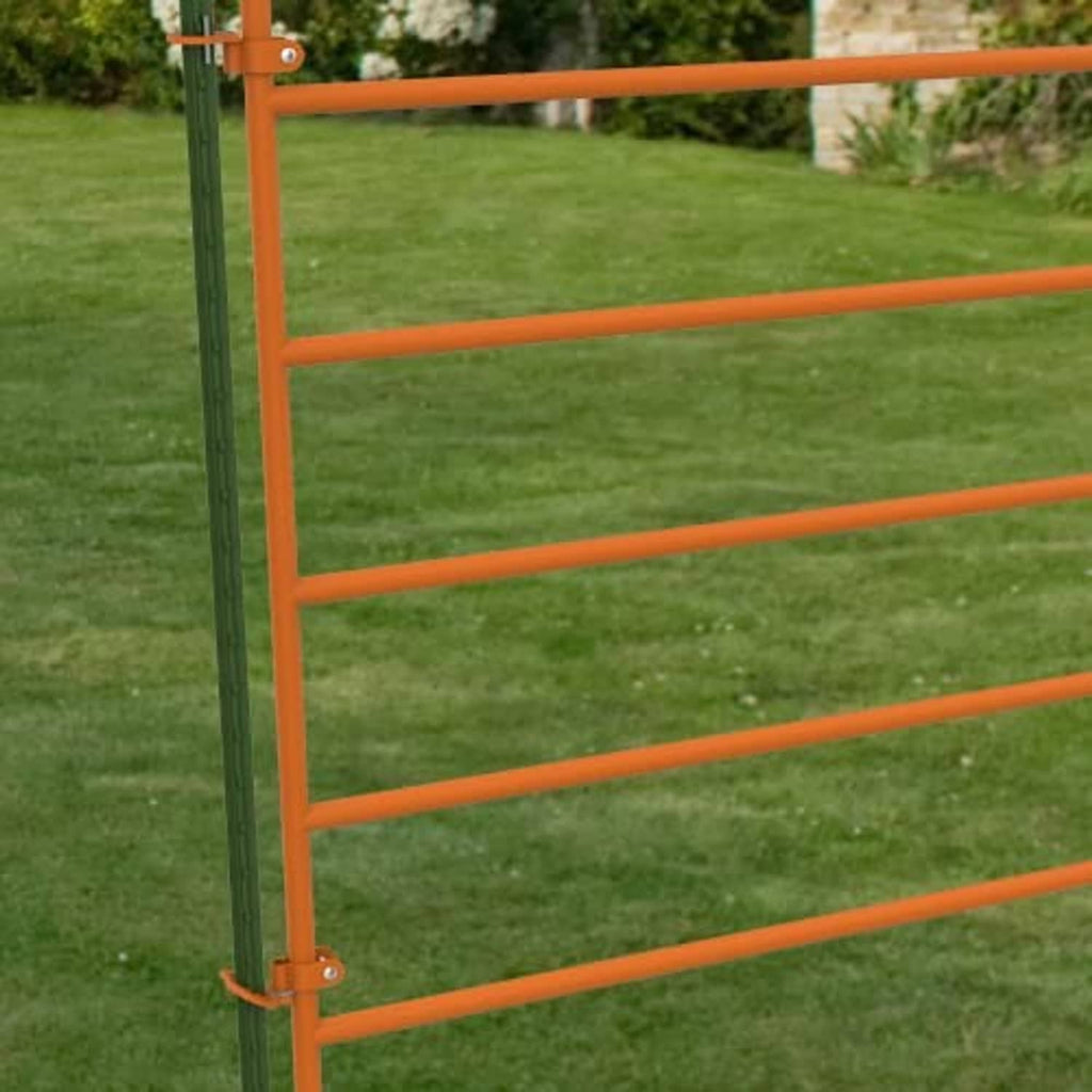Gate hinge pins holding an orange gate frame to a green metal T post