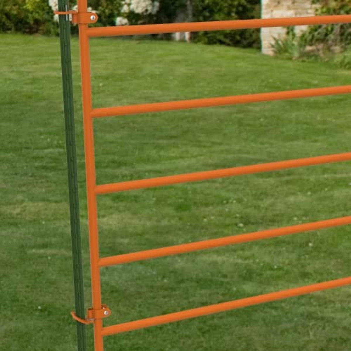 Gate hinge pins holding an orange gate frame to a green metal T post