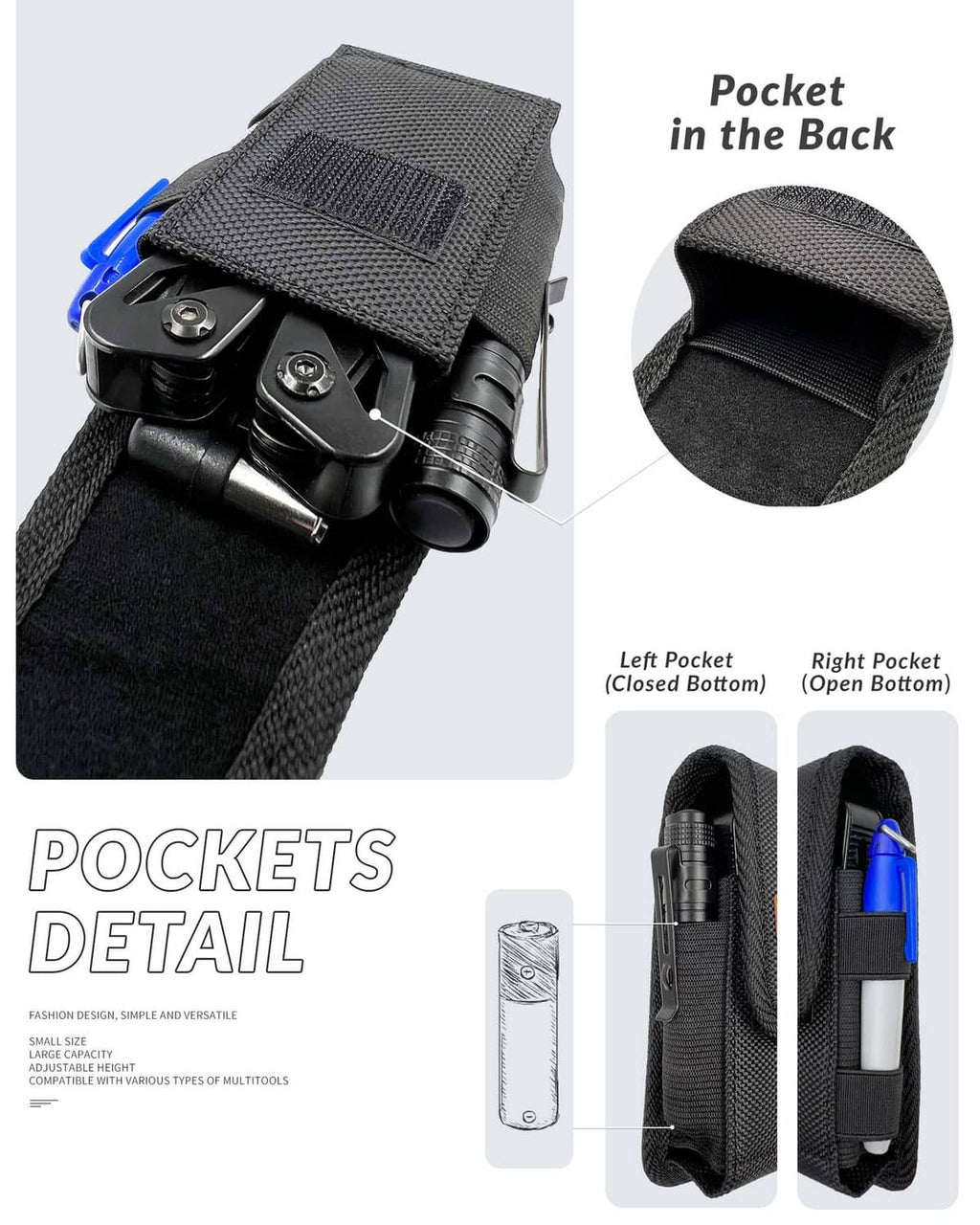 Black multitool sheath with two tool pockets and orange label, blue clips visible